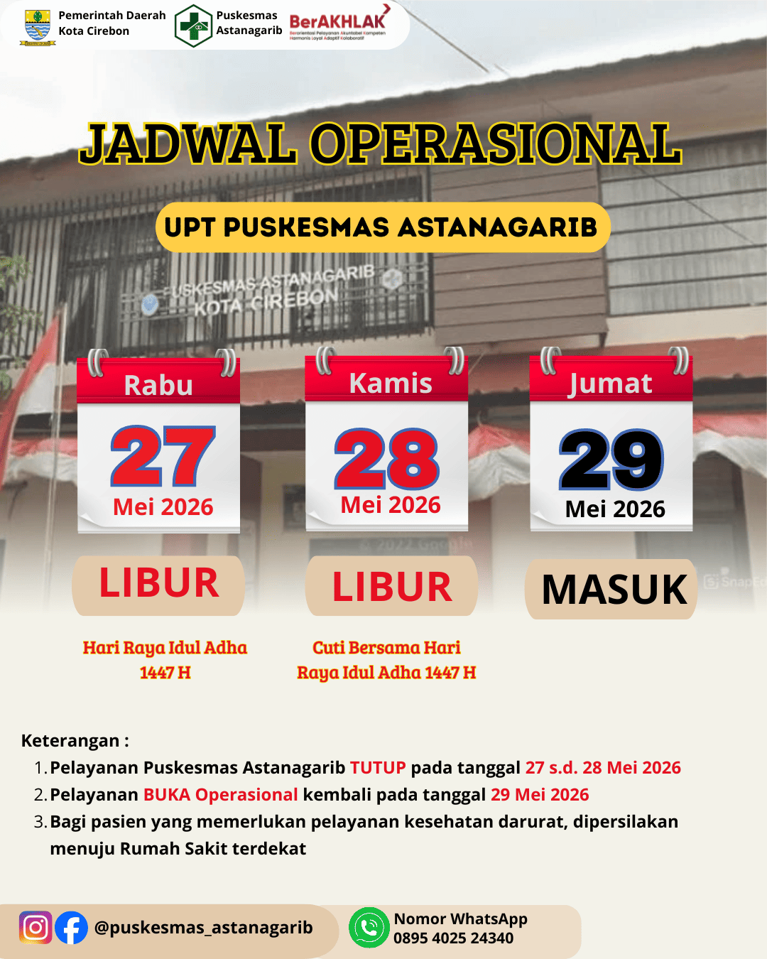 Jadwal Operaional Pelayanan UPT Puskesmas Astanagarib