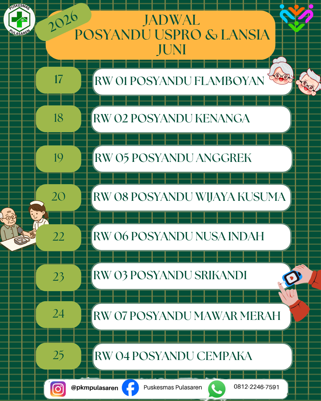 Jadwal Posyandu PTM dan Lansia Kelurahan Pulasaren Bulan Juni 2026